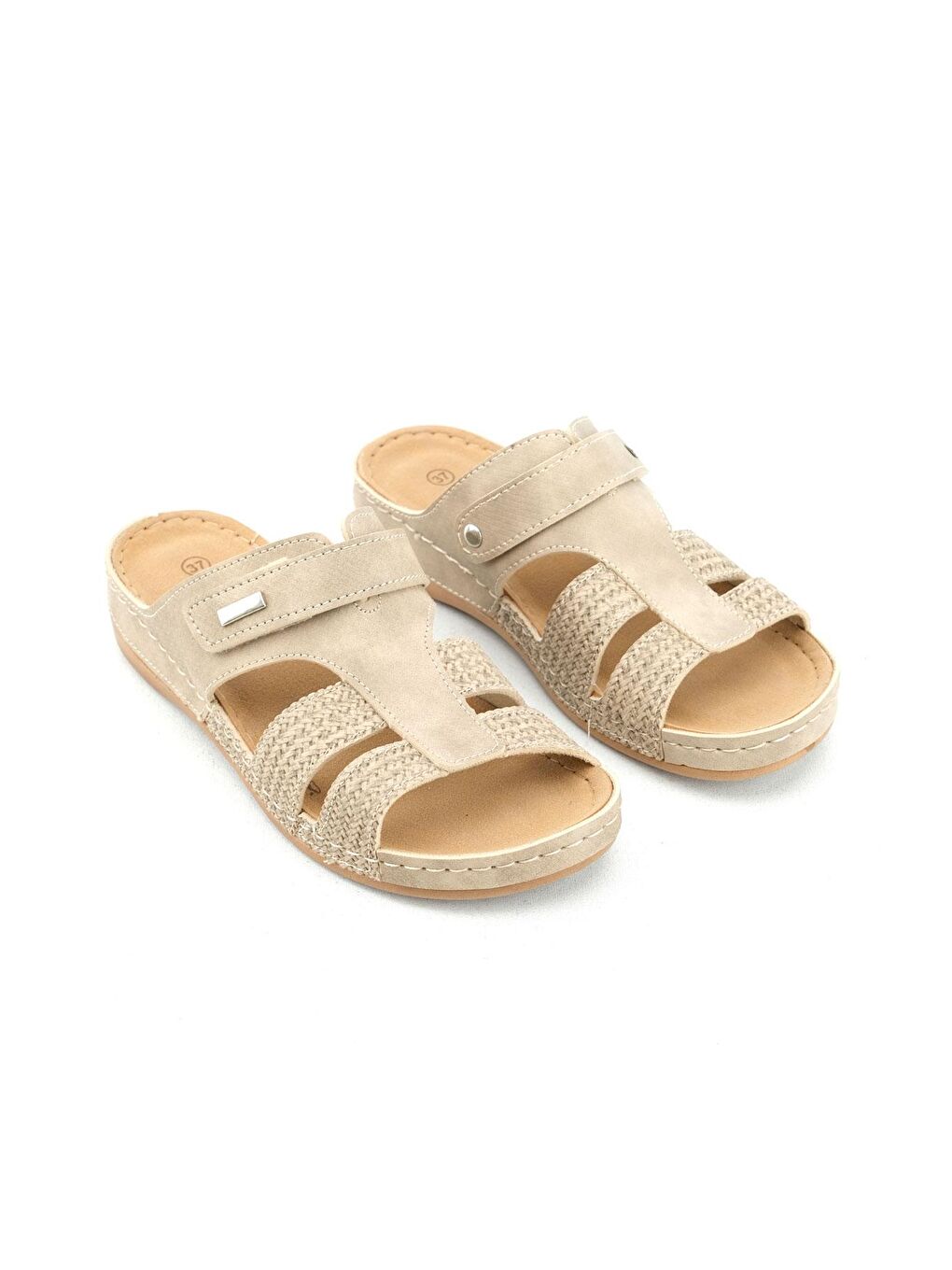 Bej Yazlık Kadın Suni Deri Rahat İç Taban Tek Cırtlı Kemer Ayarlanabilir Günlük Terlik-2