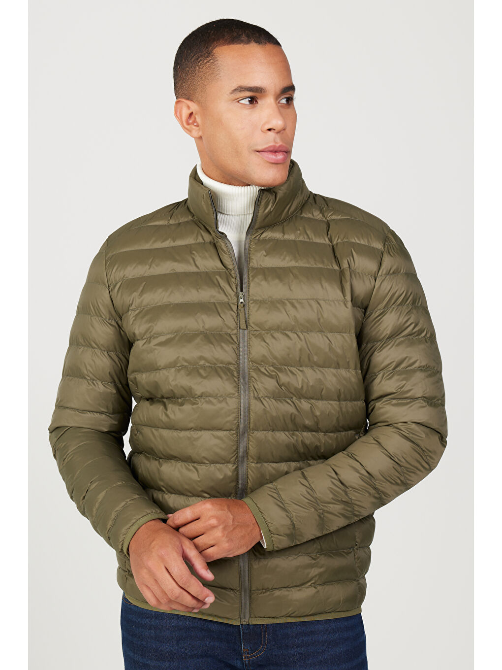 Erkek Haki Standart Fit Normal Kesim Dik Yaka Mont-2