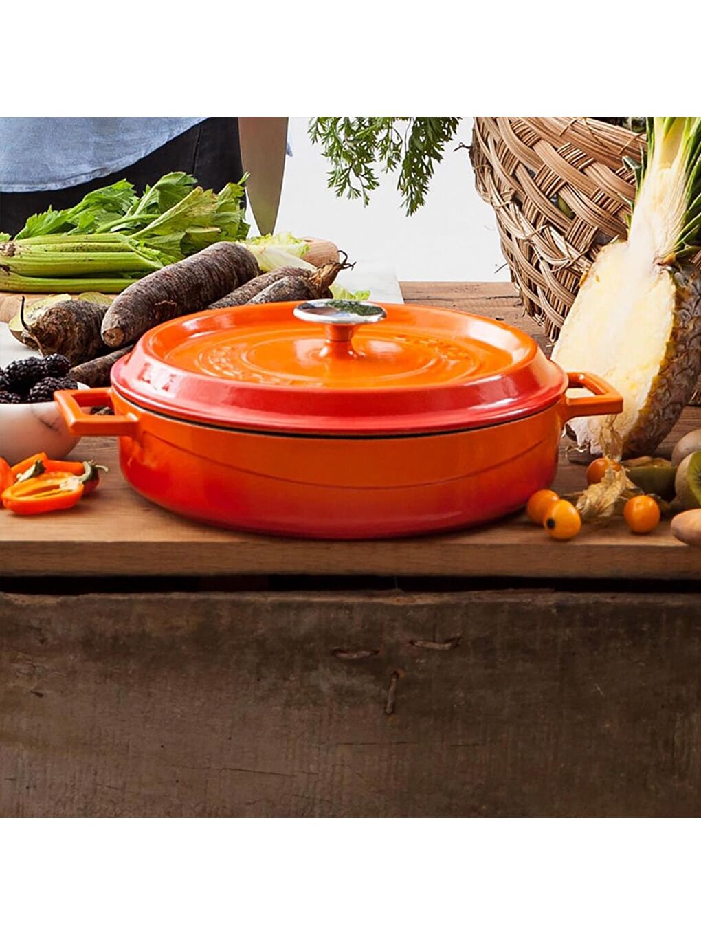 Turuncu Döküm Trendy Serisi Yuvarlak Derin ve Sığ 5 Parça Tencere Tava Çeyiz Seti-6