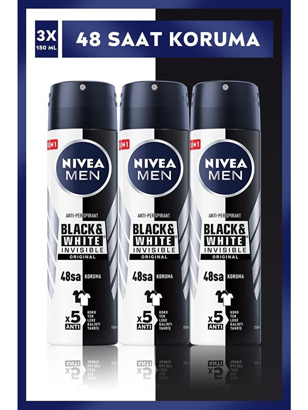 NIVEA Şeffaf Men Erkek Sprey Deodorant Black&White Invisible Original 150 mlx3Adet