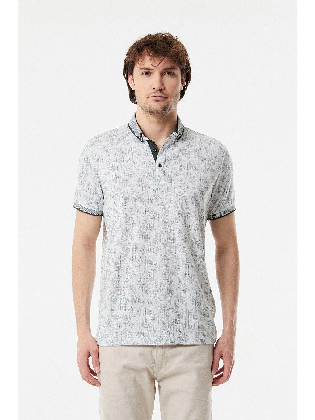 Haki Yaprak Baskılı Polo Yaka Tişört-4