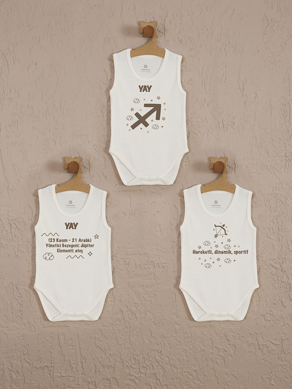 Ekru Bisiklet Yaka Yay Burcu Baskılı Unisex Bebek Body 3’lü