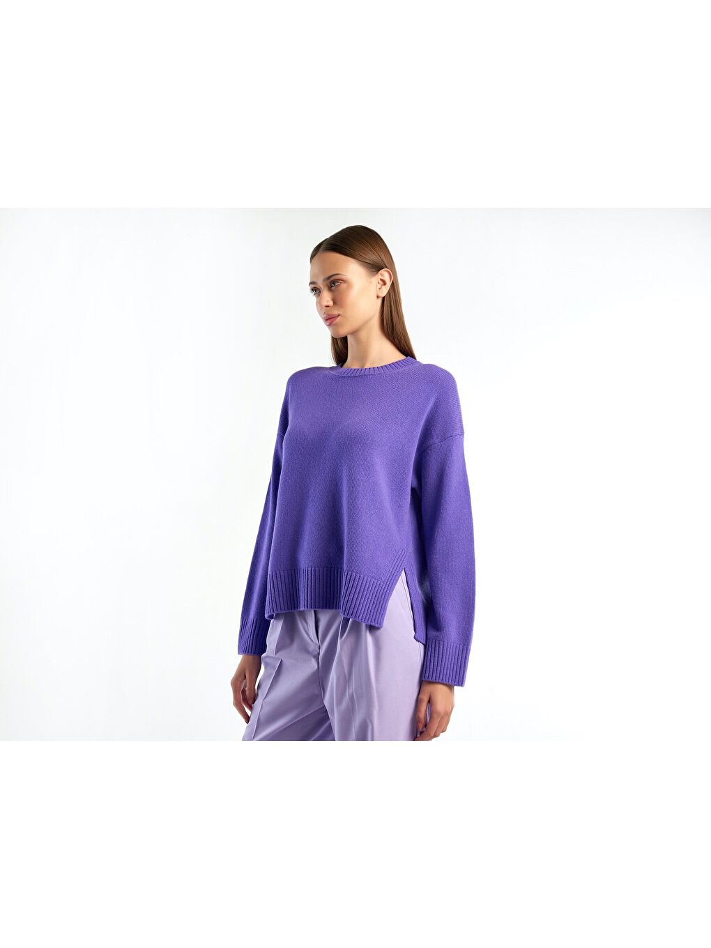 Kadın Mor Yün Karışımlı Boxy Fit Kazak-1