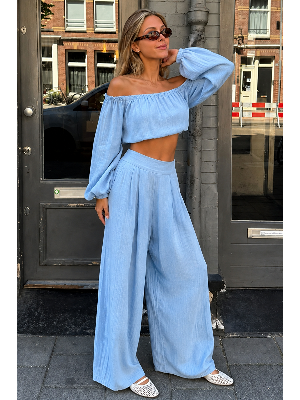 Bebe Mavisi Madonna Yaka Bluz Bol Paça Pantolon Kadın Takım Mg2863