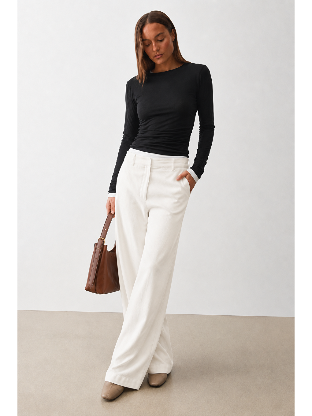 Beyaz Yüksek Bel Keten Wide Leg Pantolon Mg2718-1