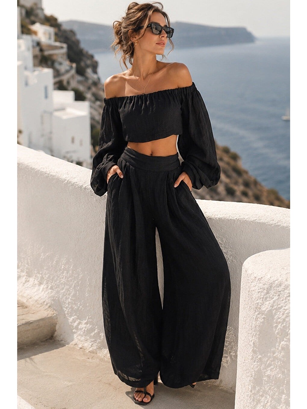 Siyah Madonna Yaka Bluz Bol Paça Pantolon Kadın Takım Mg2863-1