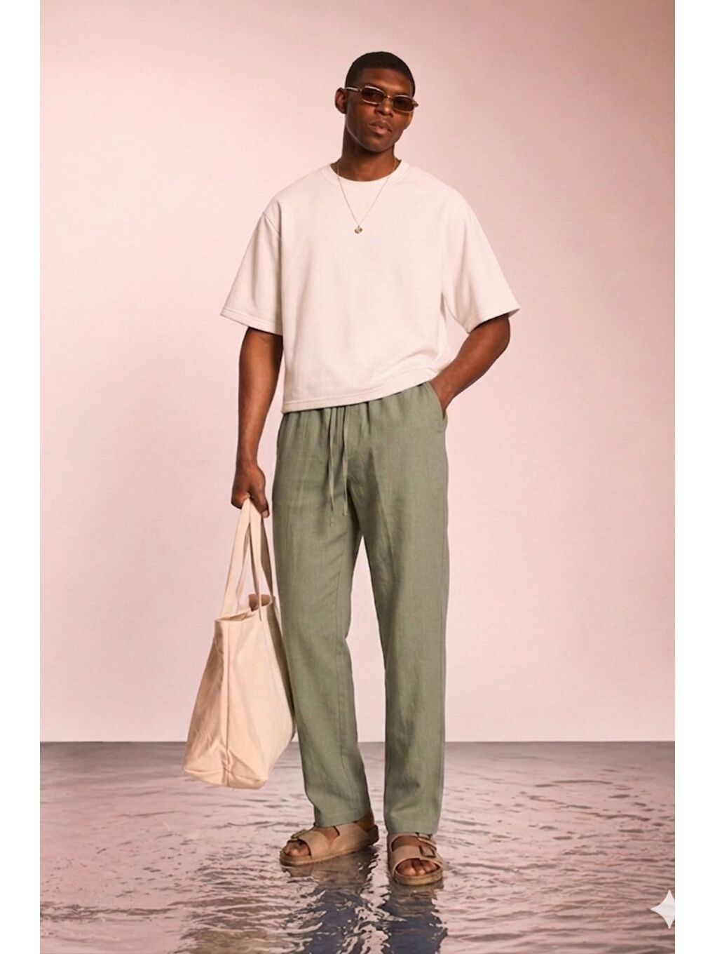 Haki Modal Kumaş Erkek Lastikli Bel Rahat Kesim Pantolon-1