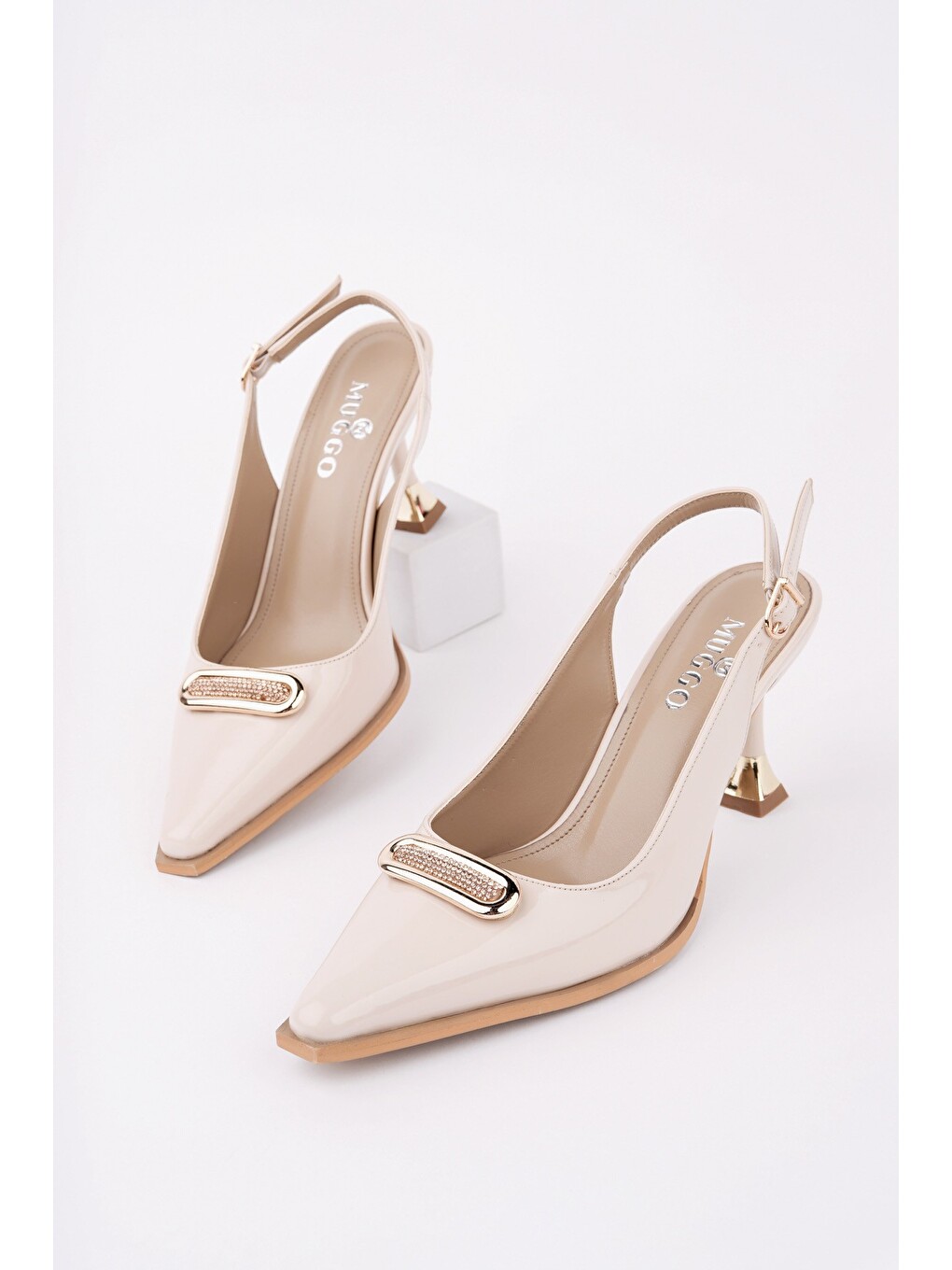 Bej Heels Arkası Açık Toka Detaylı Günlük Klasik Topuklu Kadın Stiletto Ayakkabı