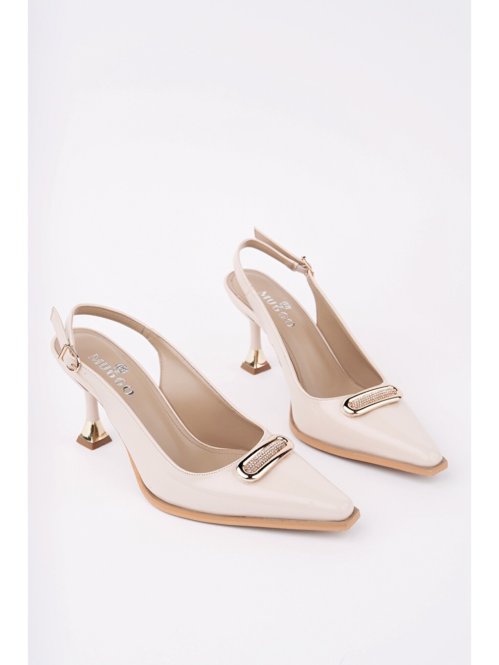 Bej Heels Arkası Açık Toka Detaylı Günlük Klasik Topuklu Kadın Stiletto Ayakkabı-2