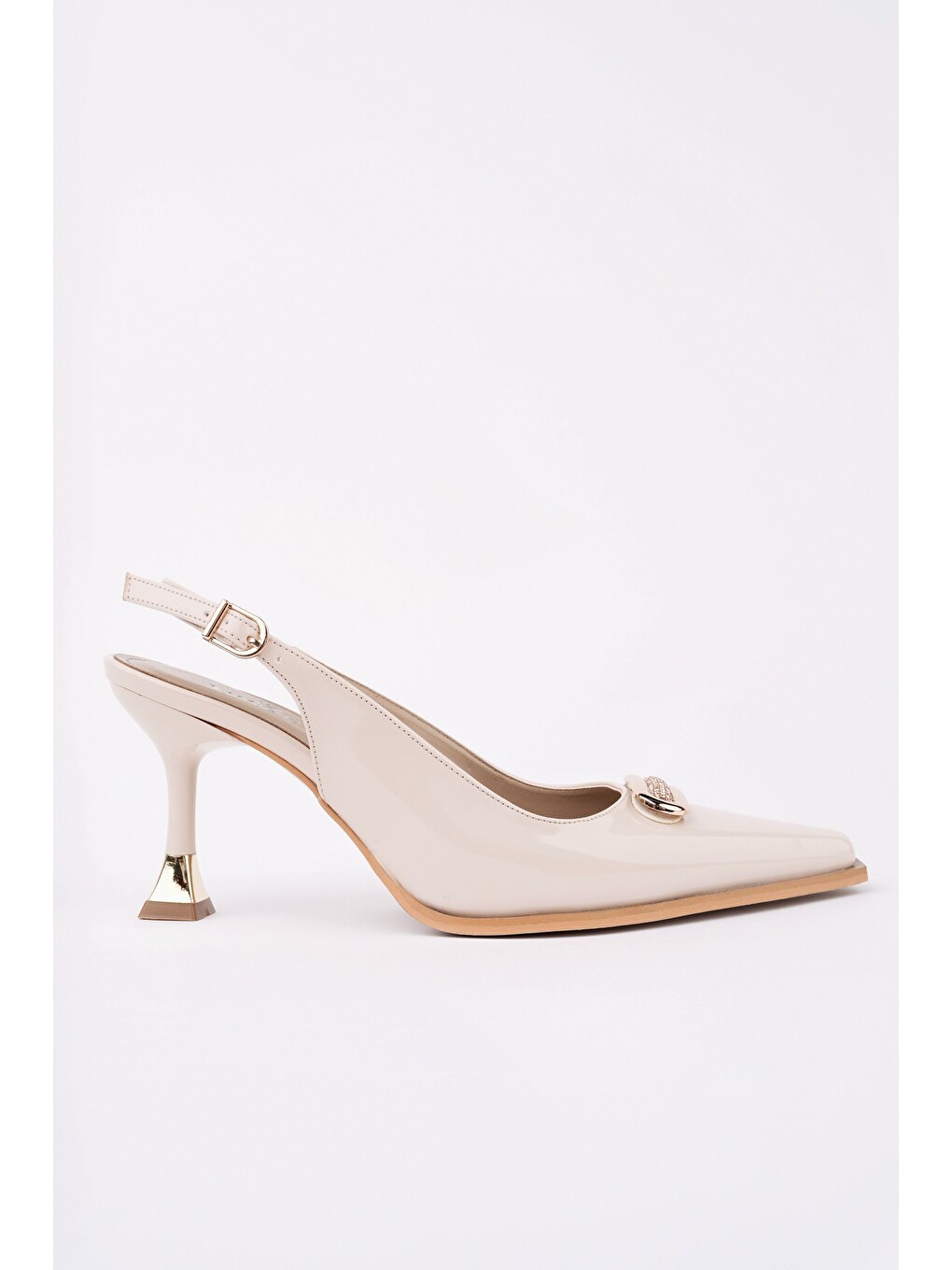 Bej Heels Arkası Açık Toka Detaylı Günlük Klasik Topuklu Kadın Stiletto Ayakkabı-3