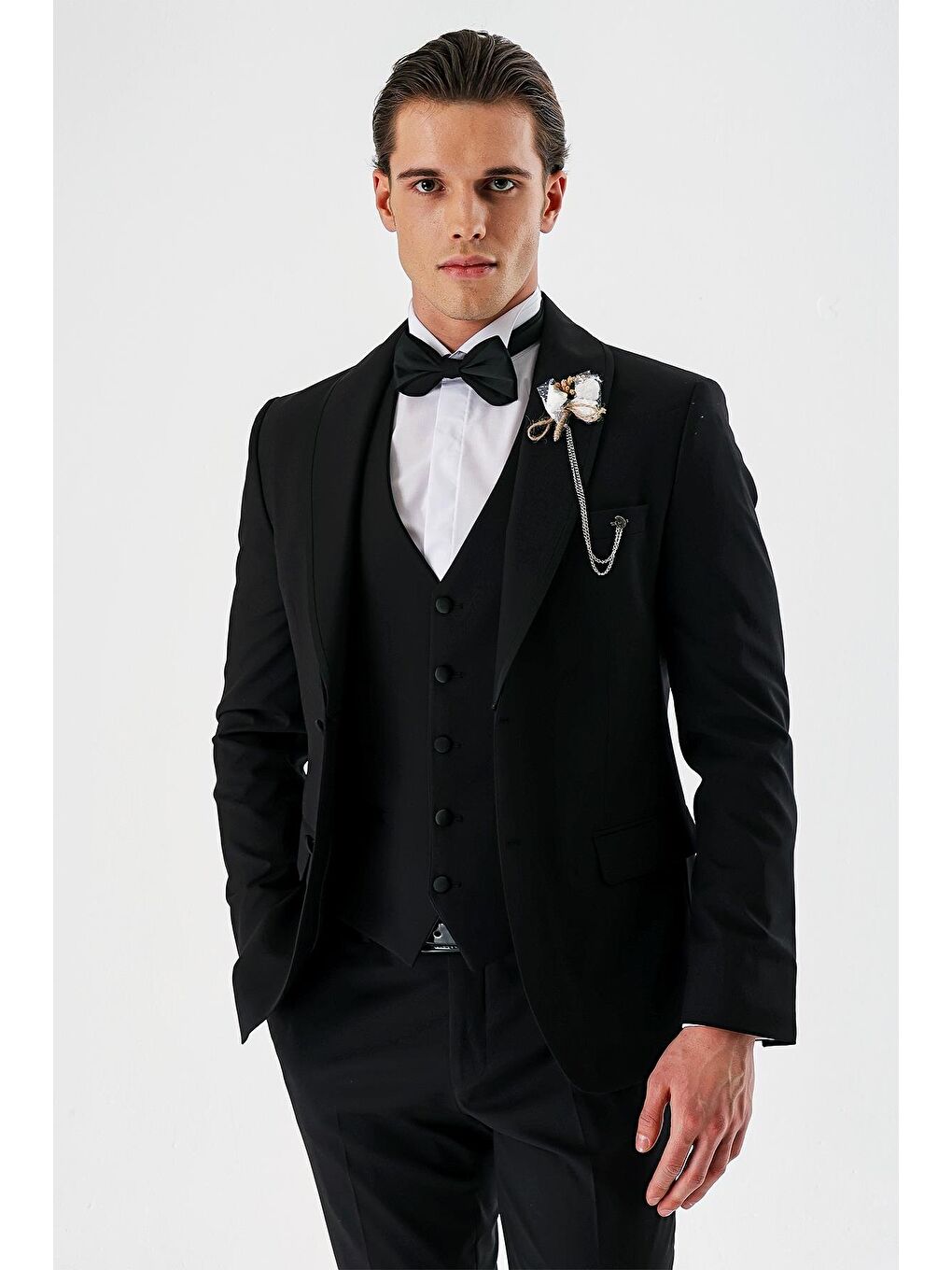 Siyah Çıkarılabilir Şal Yaka Yelekli 6 Drop Slim Fit Smokin Damatlık 1001240202