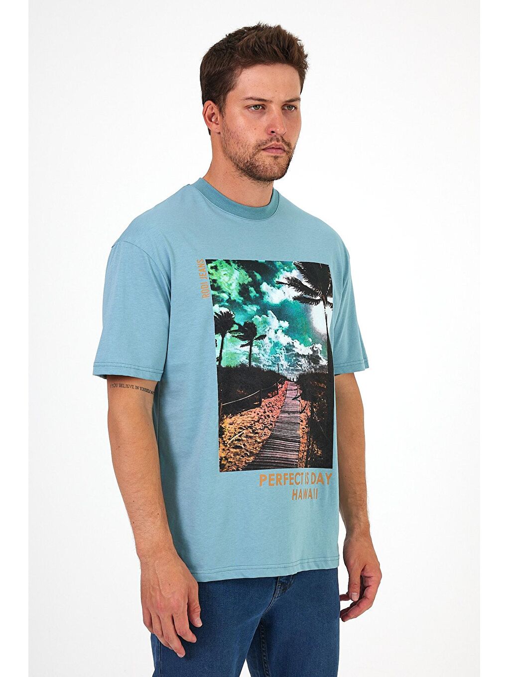 Mavi Bisiklet Yaka Hawaıı Baskılı Erkek Tişört 7021-1