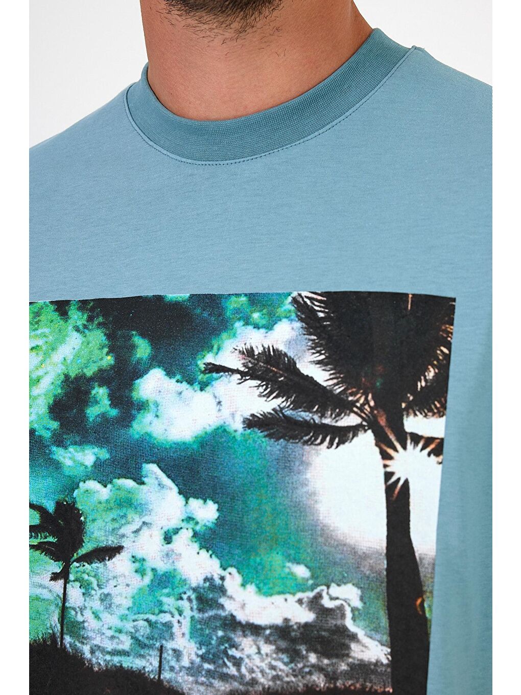 Mavi Bisiklet Yaka Hawaıı Baskılı Erkek Tişört 7021-2