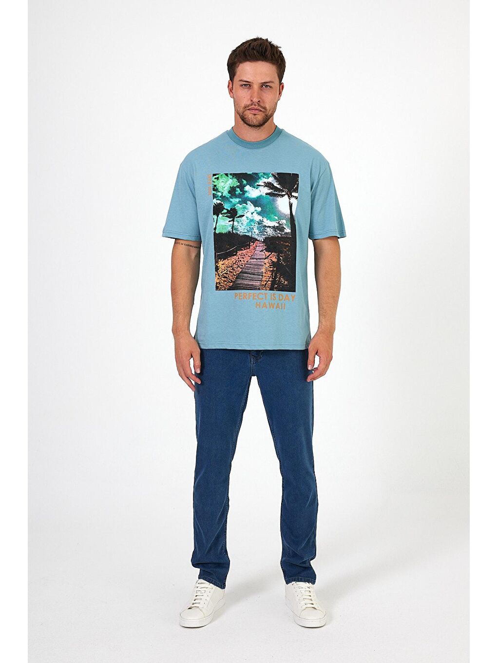 Mavi Bisiklet Yaka Hawaıı Baskılı Erkek Tişört 7021-4