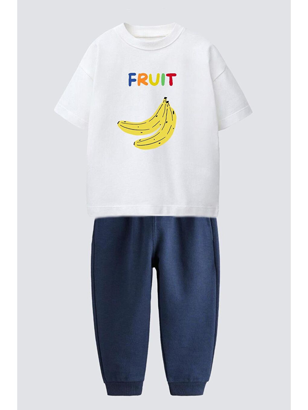 Lacivert Erkek Çocuk Muz Meyve Baskılı Pamuklu Jogger Pantolonlu Alt Üst Takım-1