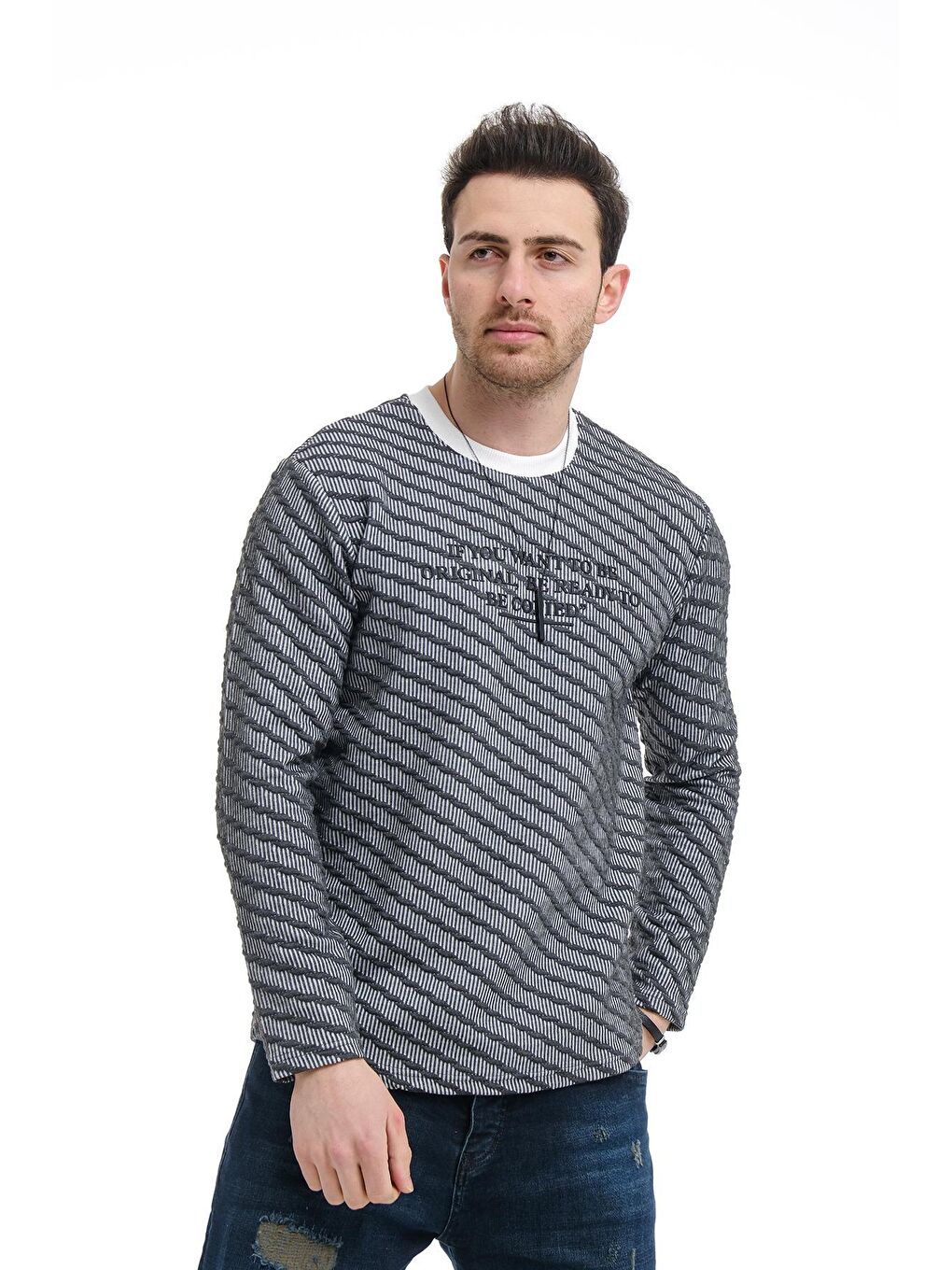 Gri Bobby Çapraz Çizgili Slim Fit Örgü Erkek Sweatshirt