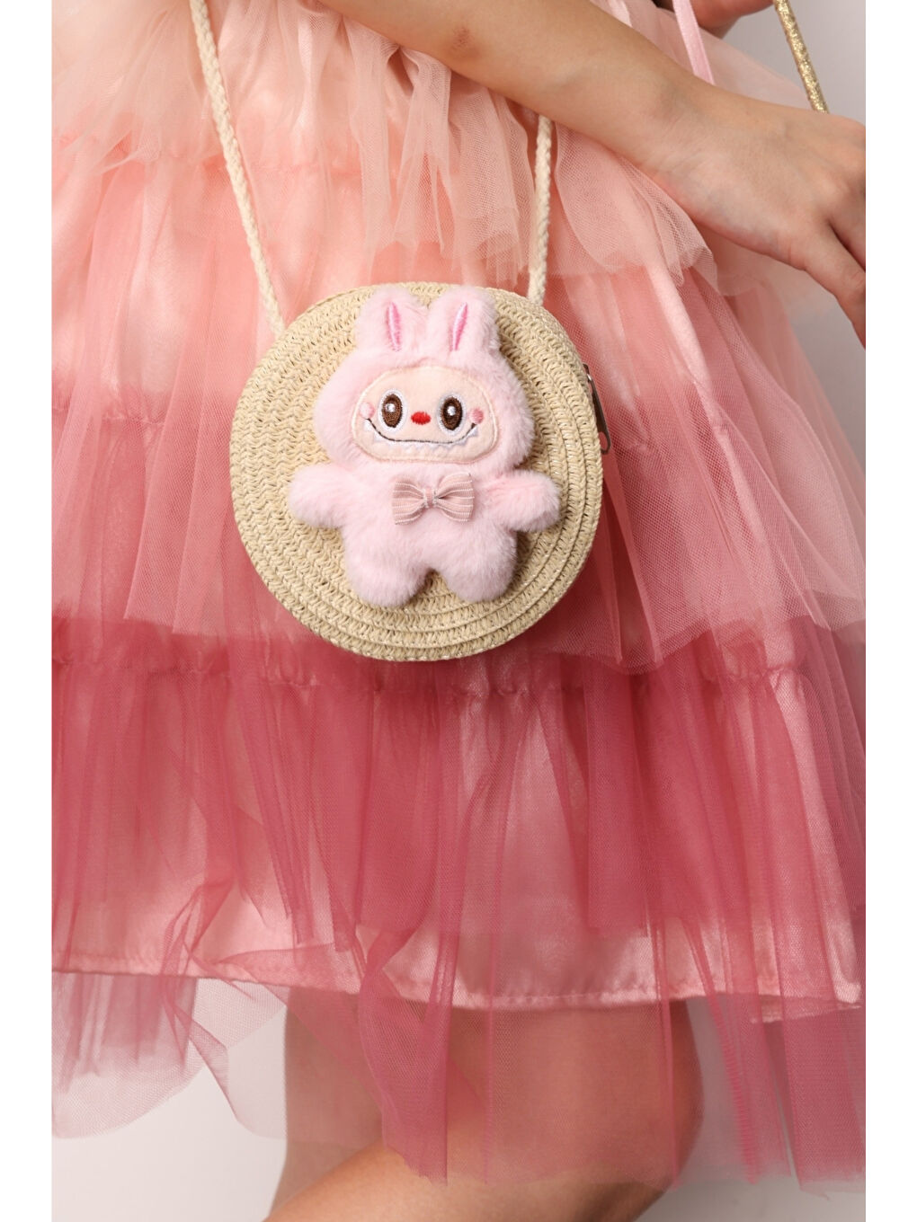 Pembe Oyuncak Figürlü Kız Çocuk Hasır Çanta-1