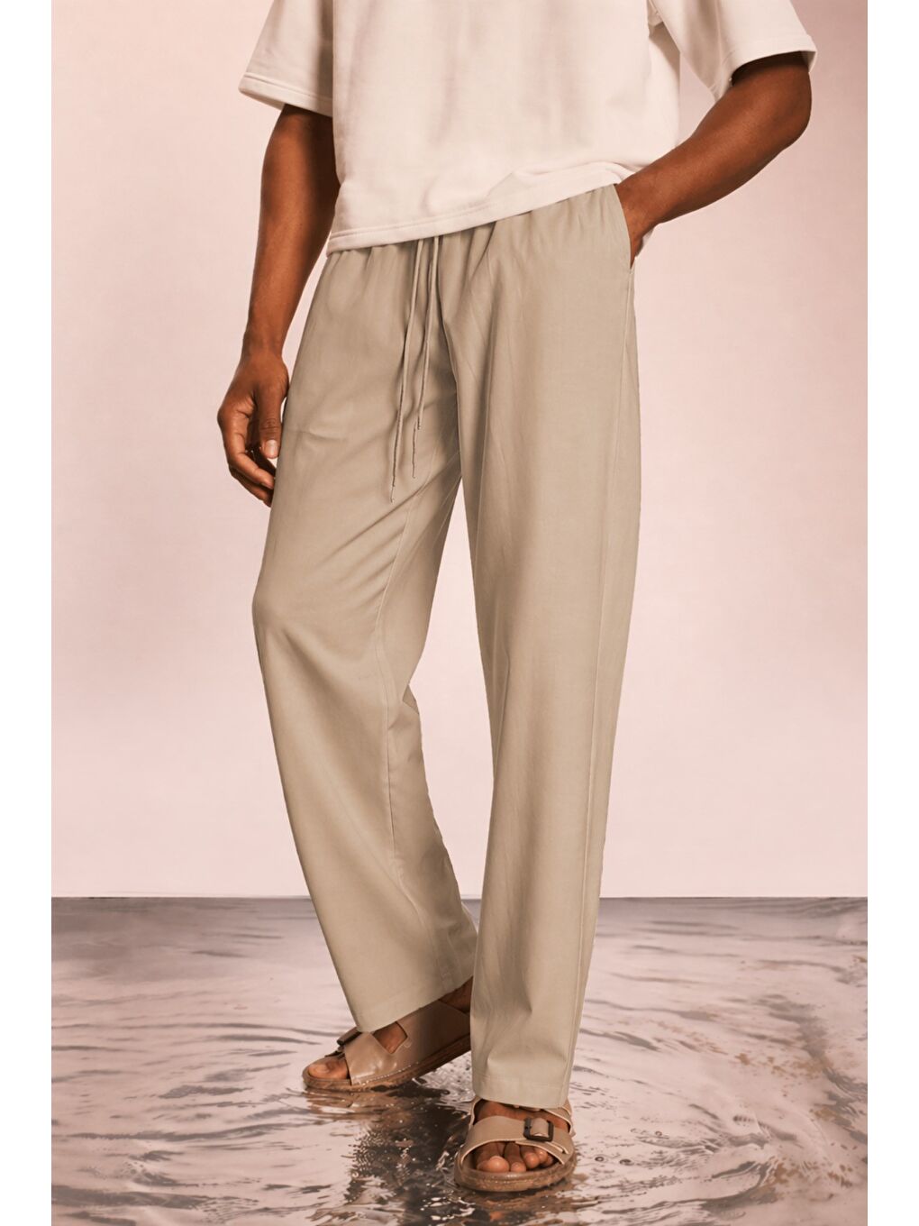 Bej Modal Kumaş Erkek Lastikli Bel Rahat Kesim Pantolon – Günlük & Konforlu