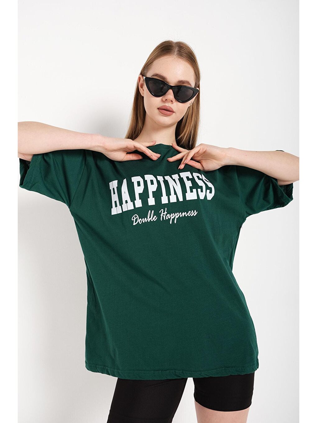 Trendseninle Yeşil Kadın Haki Happıness Baskılı Oversize Tişört