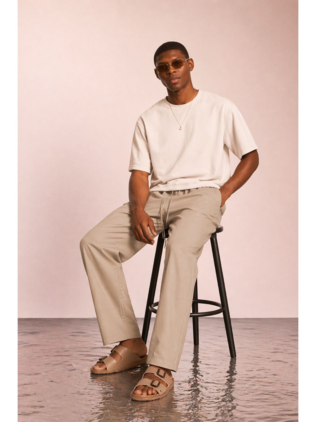 Bej Modal Kumaş Erkek Lastikli Bel Rahat Kesim Pantolon – Günlük & Konforlu-1