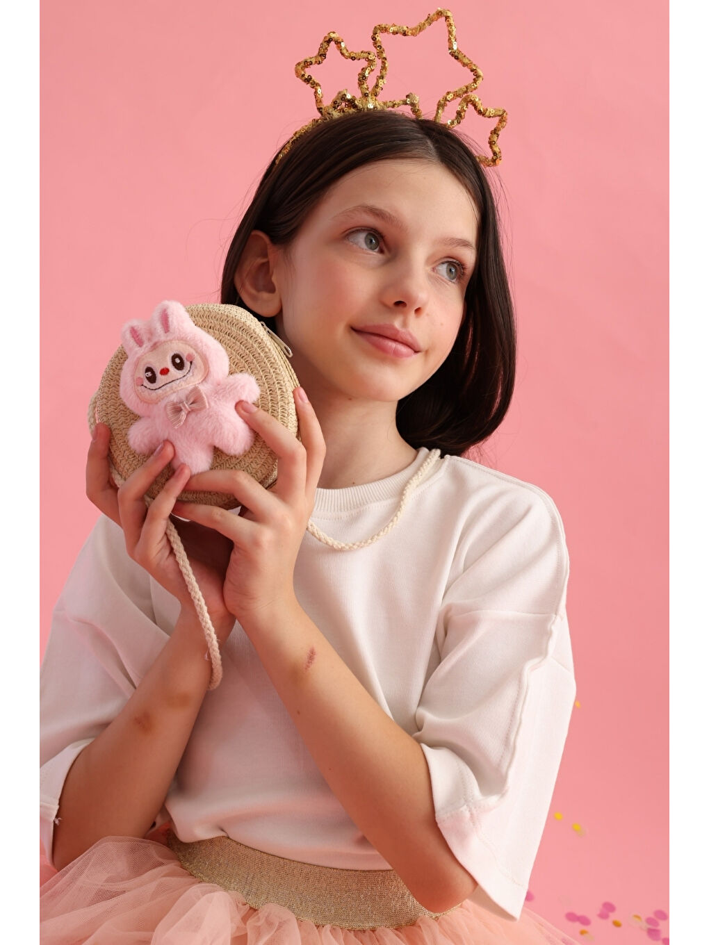 Pembe Oyuncak Figürlü Kız Çocuk Hasır Çanta-2