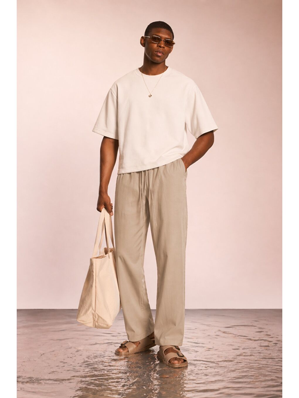 Bej Modal Kumaş Erkek Lastikli Bel Rahat Kesim Pantolon – Günlük & Konforlu-2