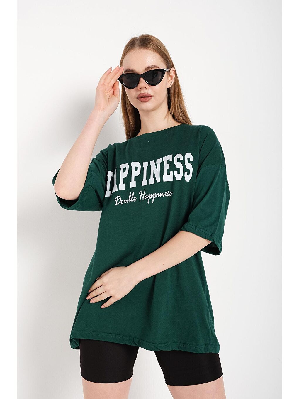 Trendseninle Yeşil Kadın Haki Happıness Baskılı Oversize Tişört - 1