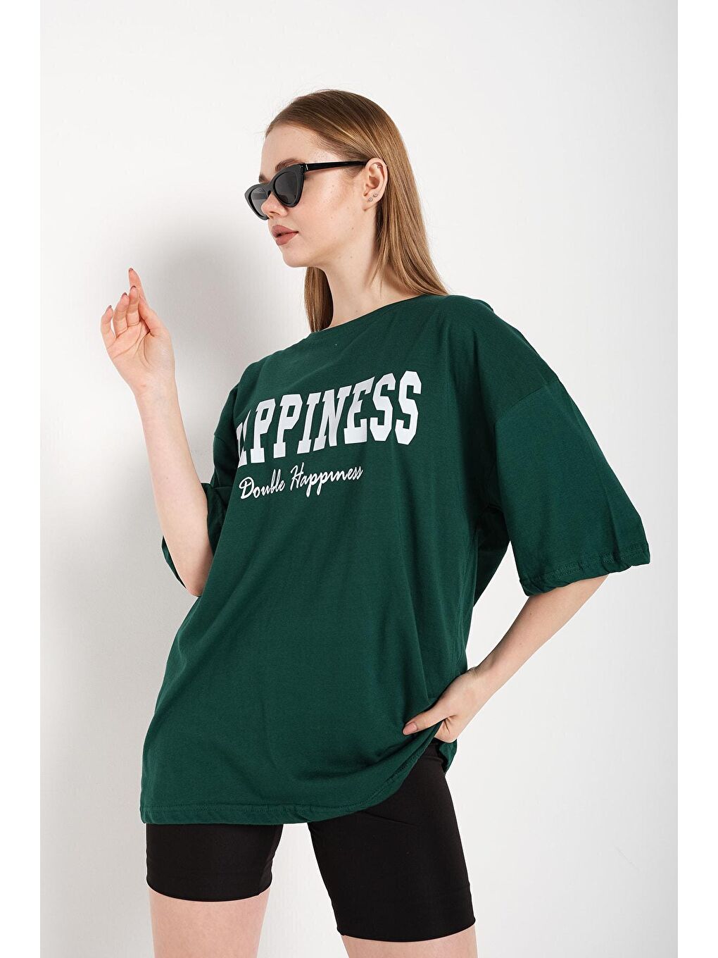 Trendseninle Yeşil Kadın Haki Happıness Baskılı Oversize Tişört - 2