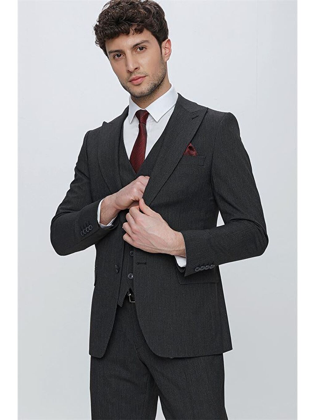 Siyah Çizgili Kırlangıç Yaka Astarlı Yelekli 6 Drop Slim Fit Dar Kesim Klasik Takım 1001230160-3