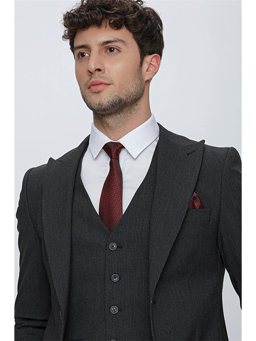 Siyah Çizgili Kırlangıç Yaka Astarlı Yelekli 6 Drop Slim Fit Dar Kesim Klasik Takım 1001230160-4