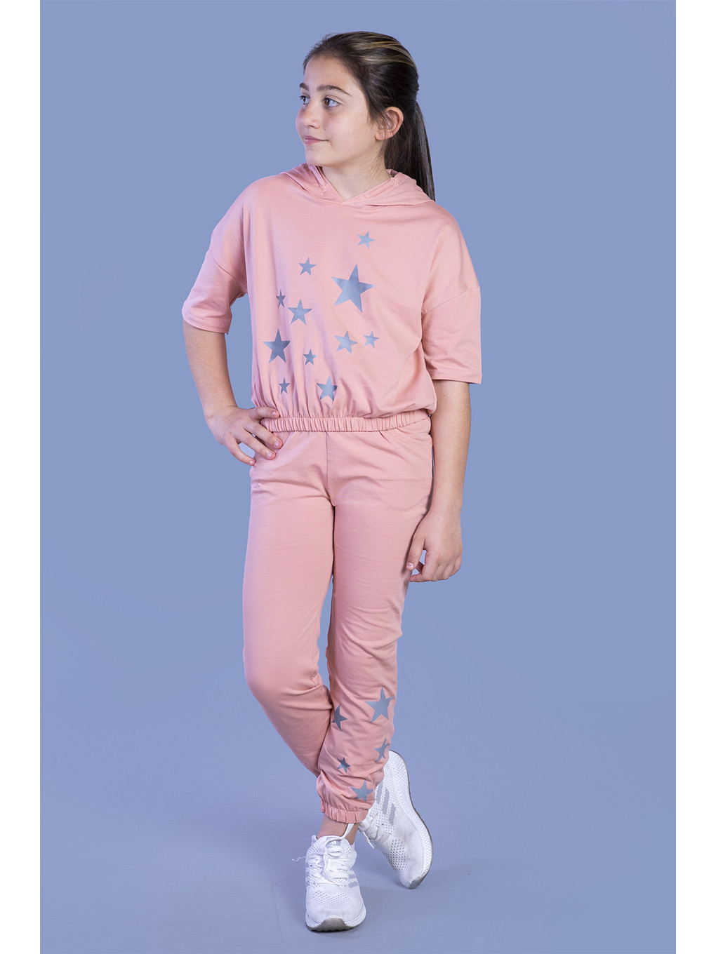 Pembe Kız Çocuk Reflektörlü Yıldız Baskılı Eşofman Takımı