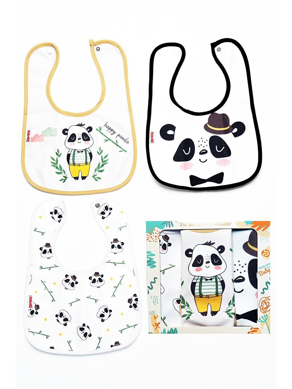 Mai Perla Beyaz Panda Temalı Kare 3 Parça Microfiber Mama Önlüğü Kendi Kutusunda (su Geçirmez) Çıtçıtlı