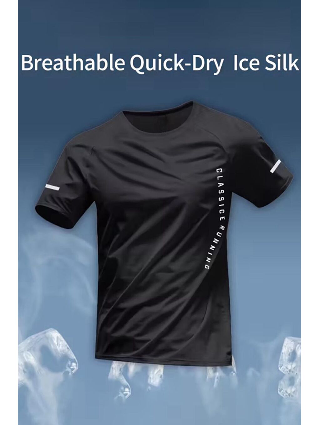Siyah Classic Running Ice Silk Erkek Sporcu Tişört Nefes Alabilir Hızlı Kuruyan Koşu ve Fitness Tişörtü