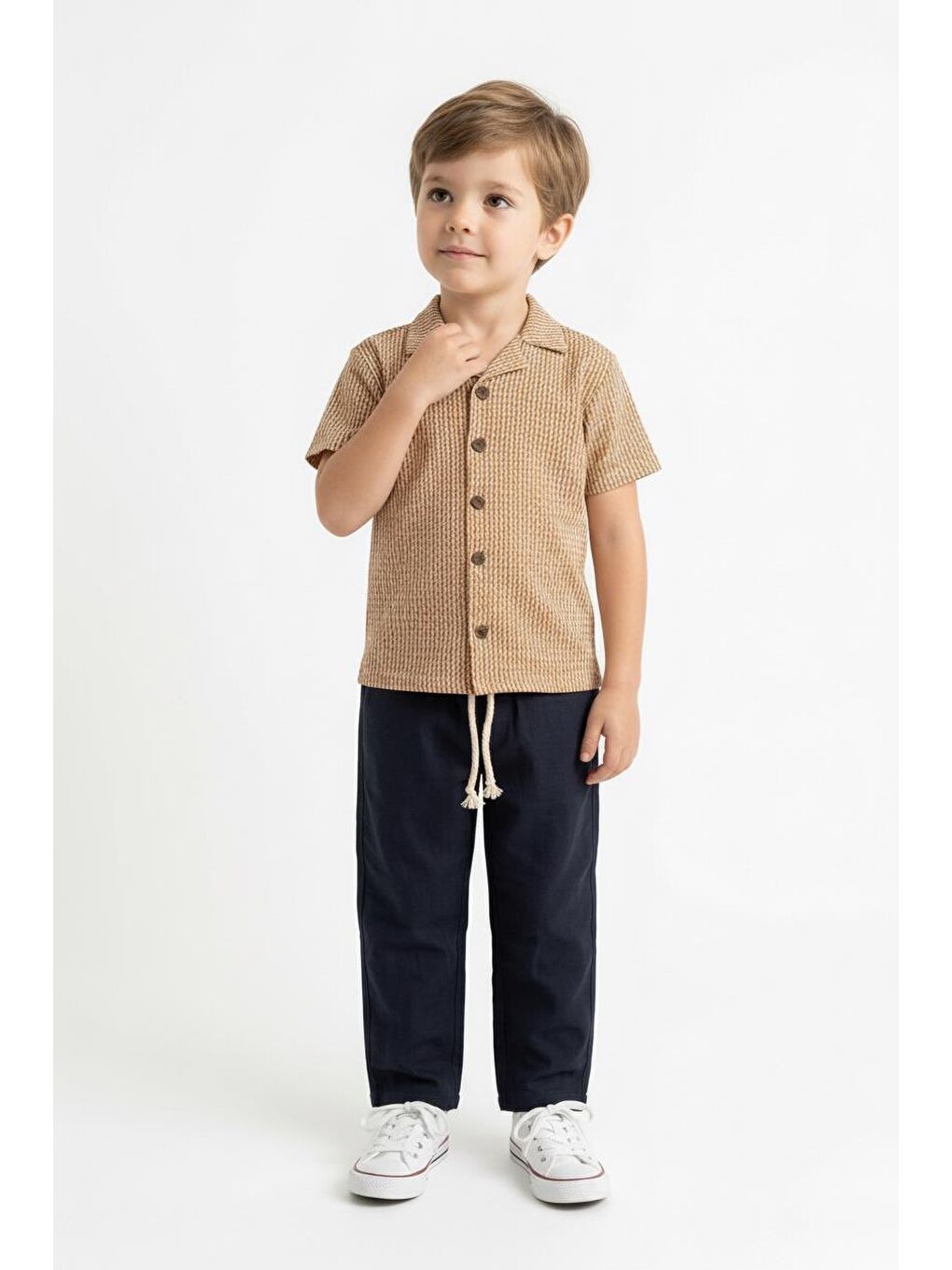 Sarı Kabartma Çizgili Gömlek 2li Takım-3