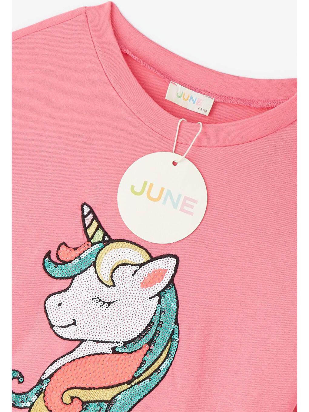 June Pembe Kız Çocuk Dönen Unicorn Payetli Tişört - 3