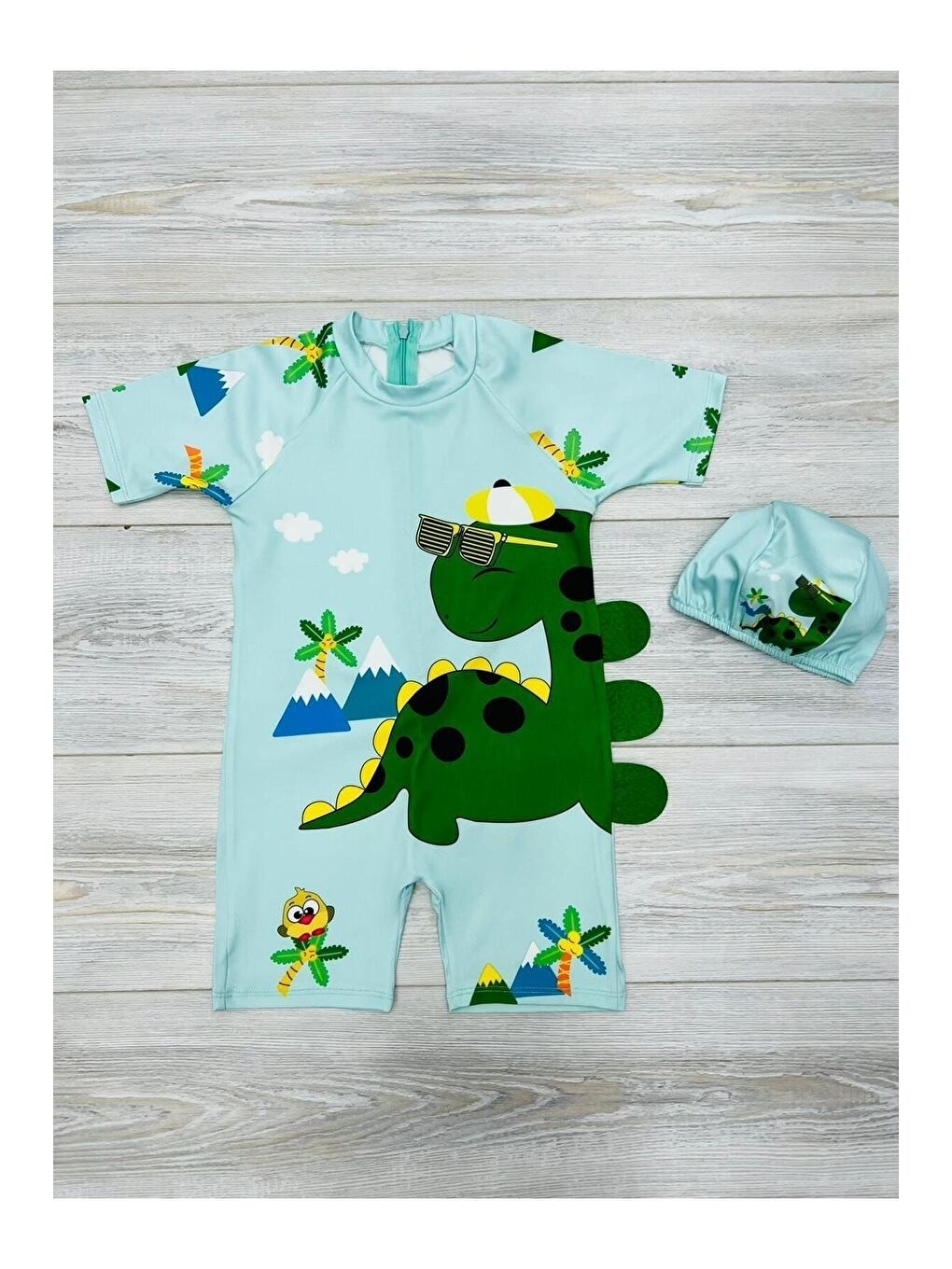 Mavi Tatlı Dino Temalı Boneli Erkek Çocuk Mayo Takımı