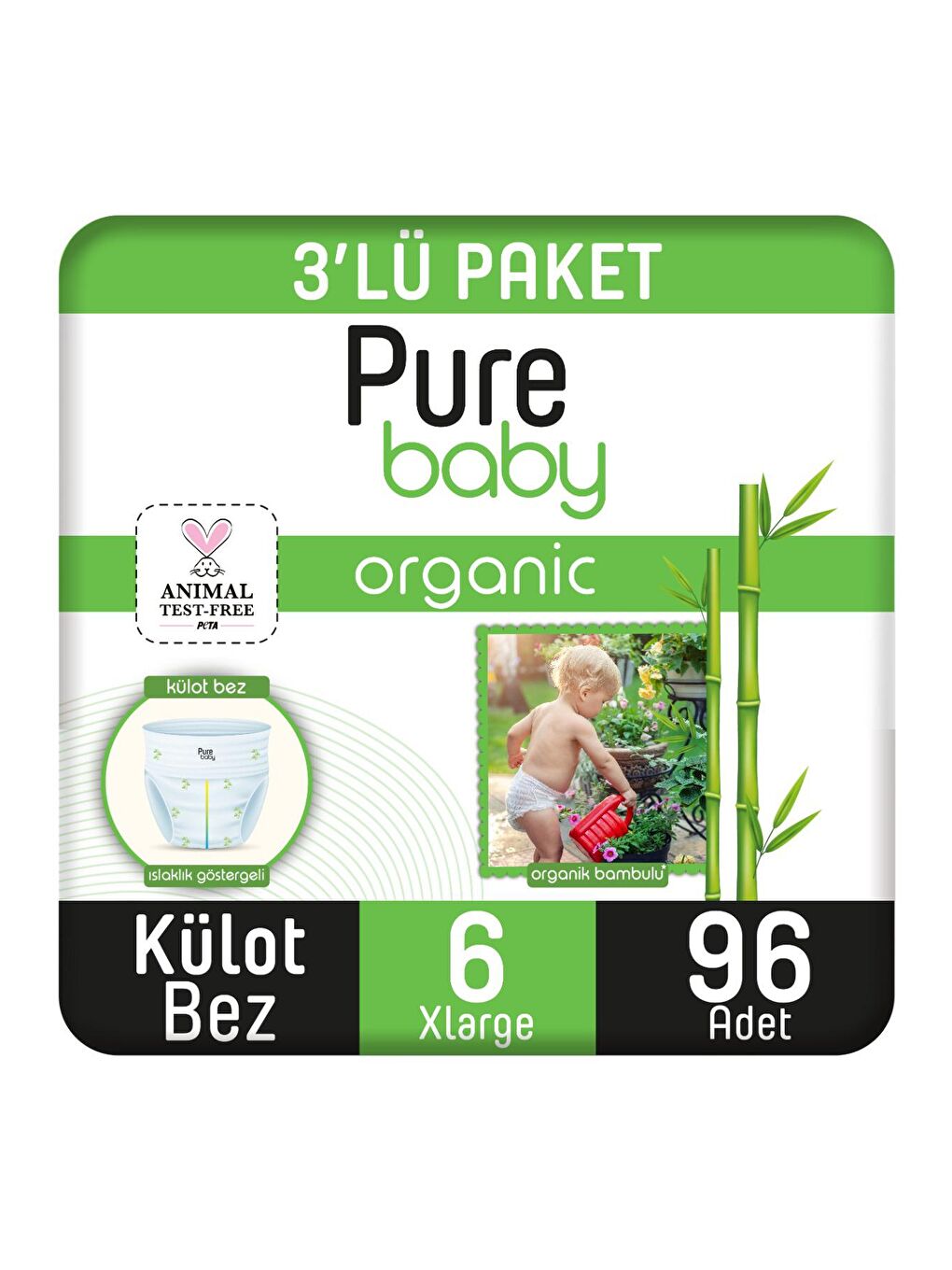 Pure Baby Renksiz Organik Bambu Özlü Külot Bez 3'lü Paket 6 Numara Xlarge 96 Adet