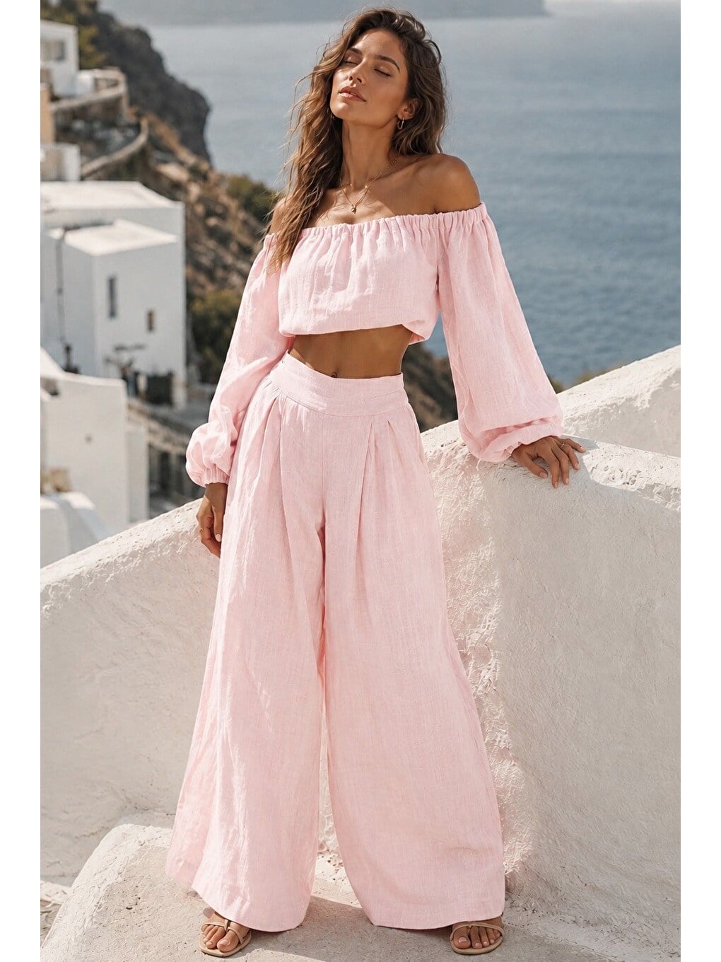 Pembe Madonna Yaka Bluz Bol Paça Pantolon Kadın Takım Mg2863-1