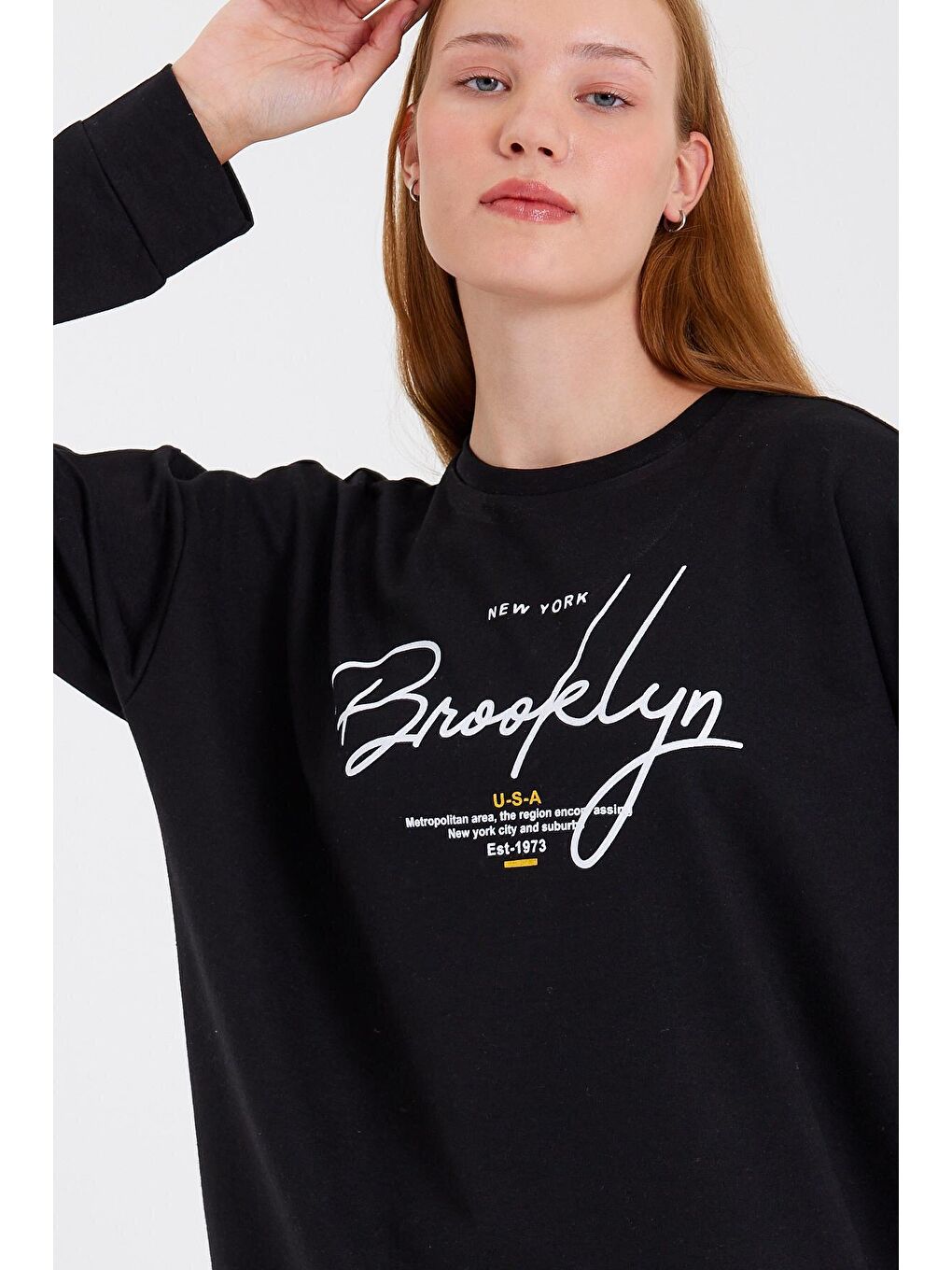 Süperlife Siyah Kadın Bisiklet Yaka Oversize Fit El Yazılı Brooklyn İnce Sweatshirt SPR23SWK331 - 4