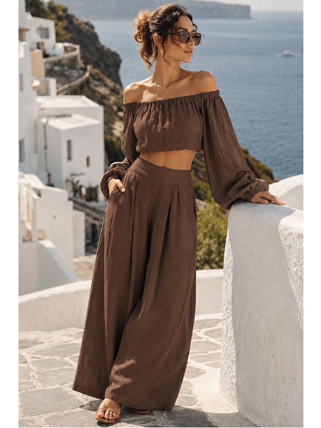 Kahverengi Acı Kahve Madonna Yaka Bluz Bol Paça Pantolon Kadın Takım Mg2863-1
