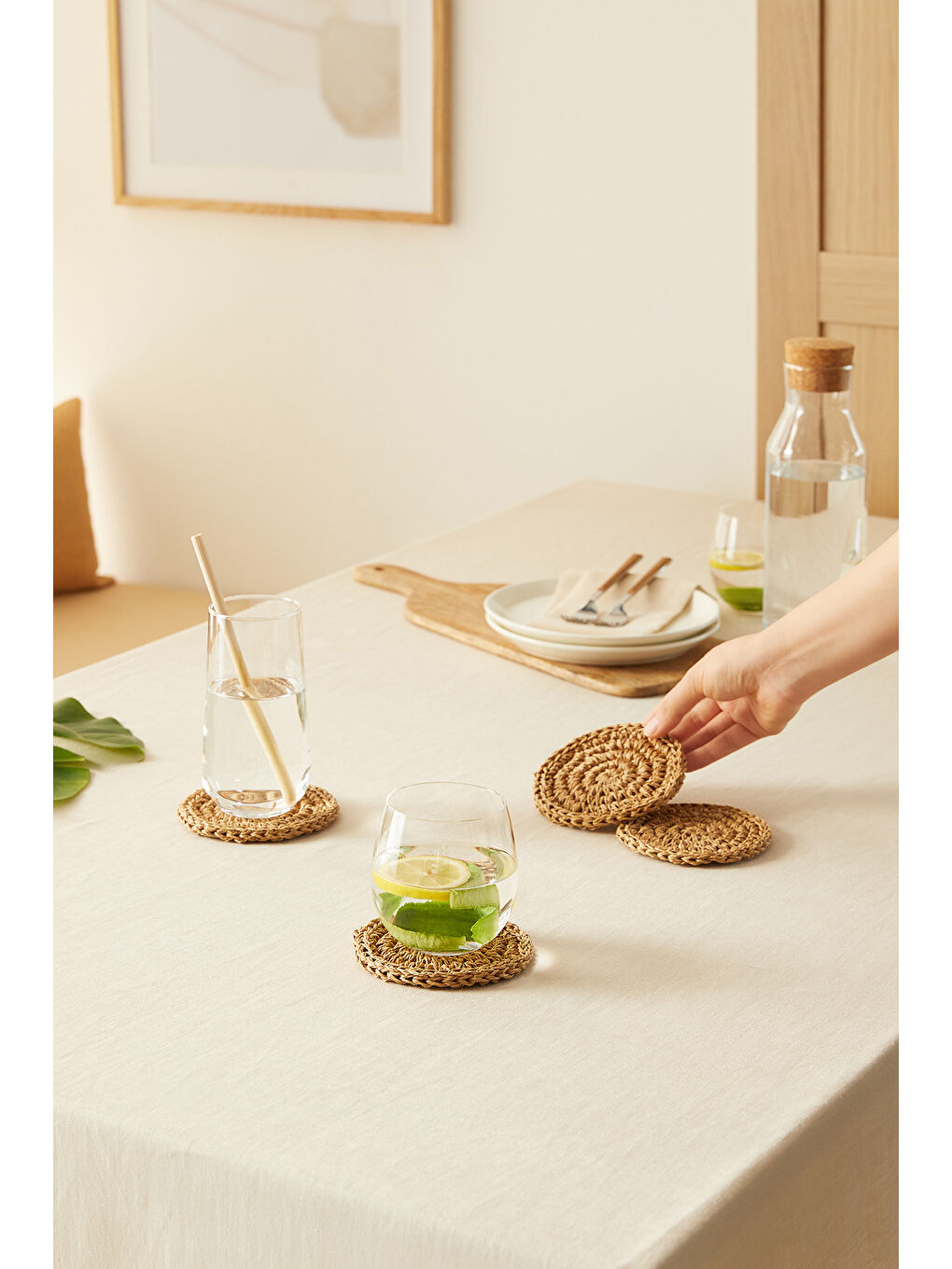 4'lü Bej Renk Rafya Bardak Altlığı Ø 11 cm-1