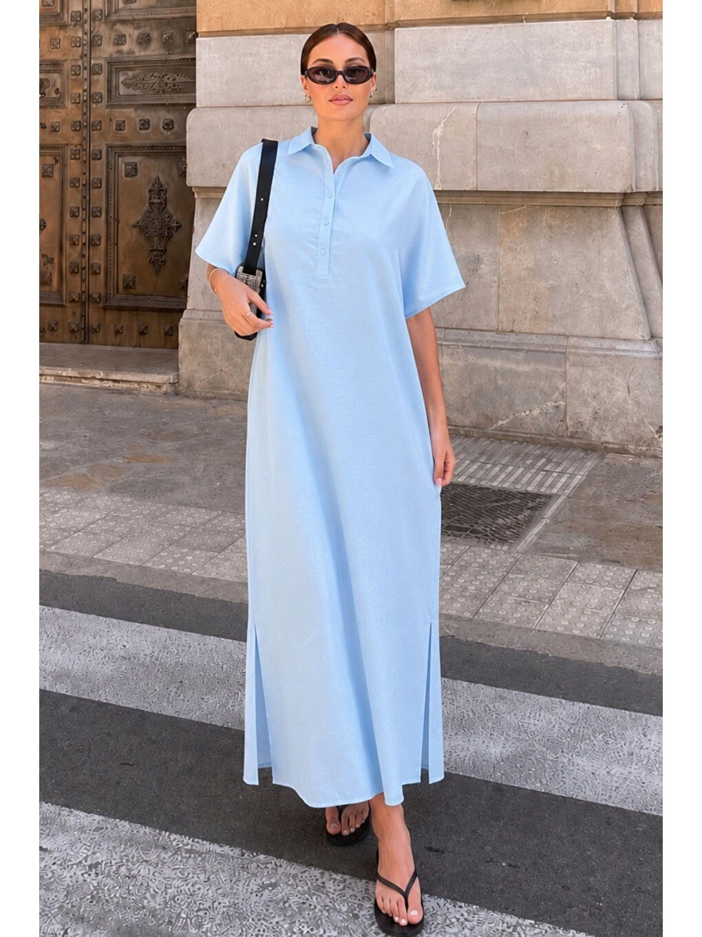 Bebe Mavisi Modal Kumaş Maxi Gömlek Elbise Mg2866
