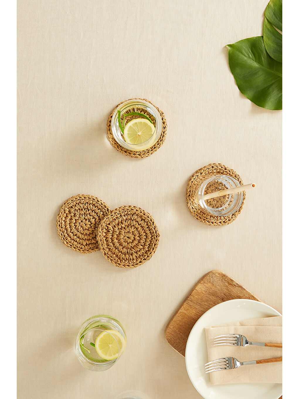 4'lü Bej Renk Rafya Bardak Altlığı Ø 11 cm-4