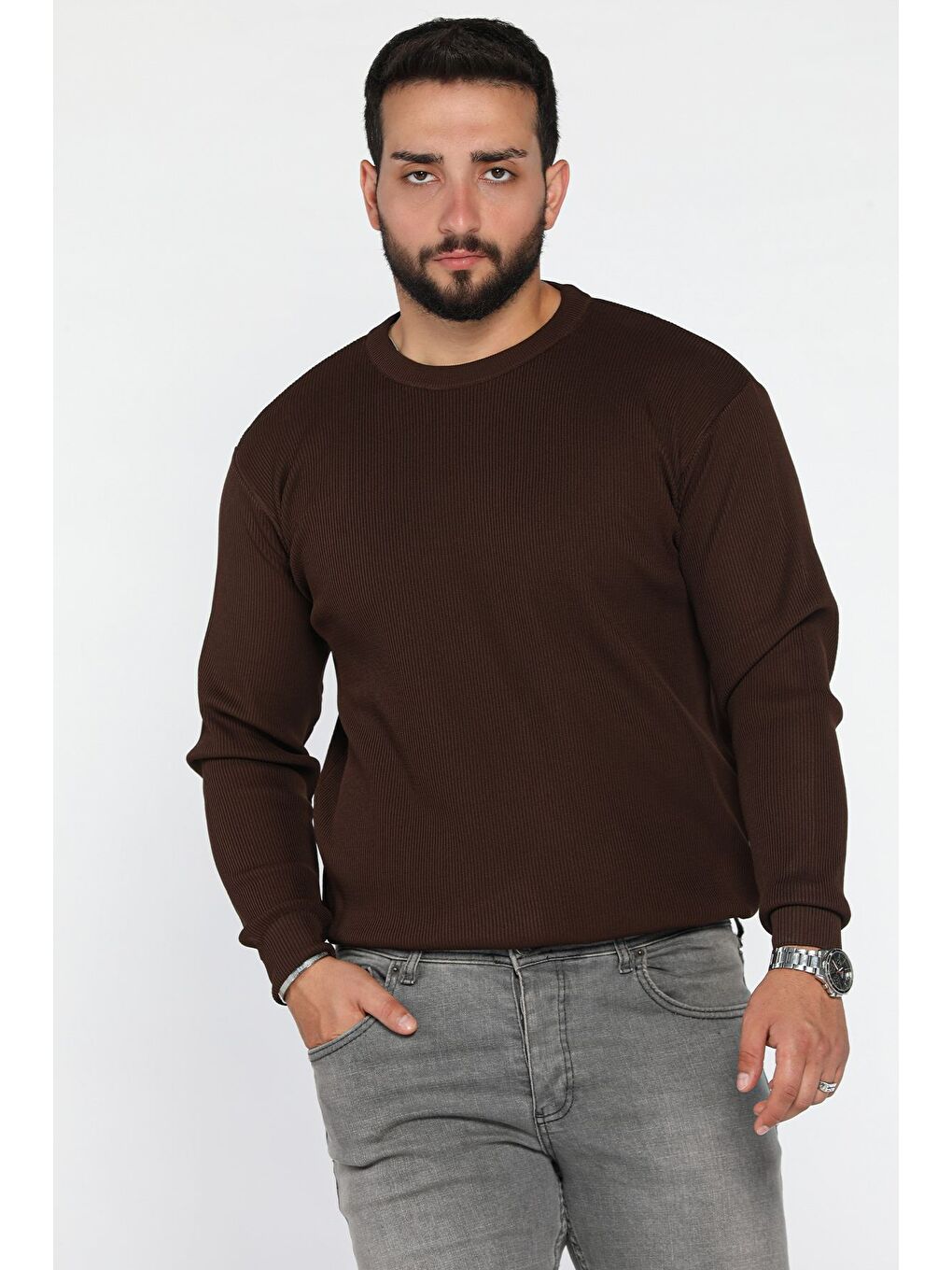 Kahverengi Bisiklet Yaka Desenli Erkek Triko Kazak