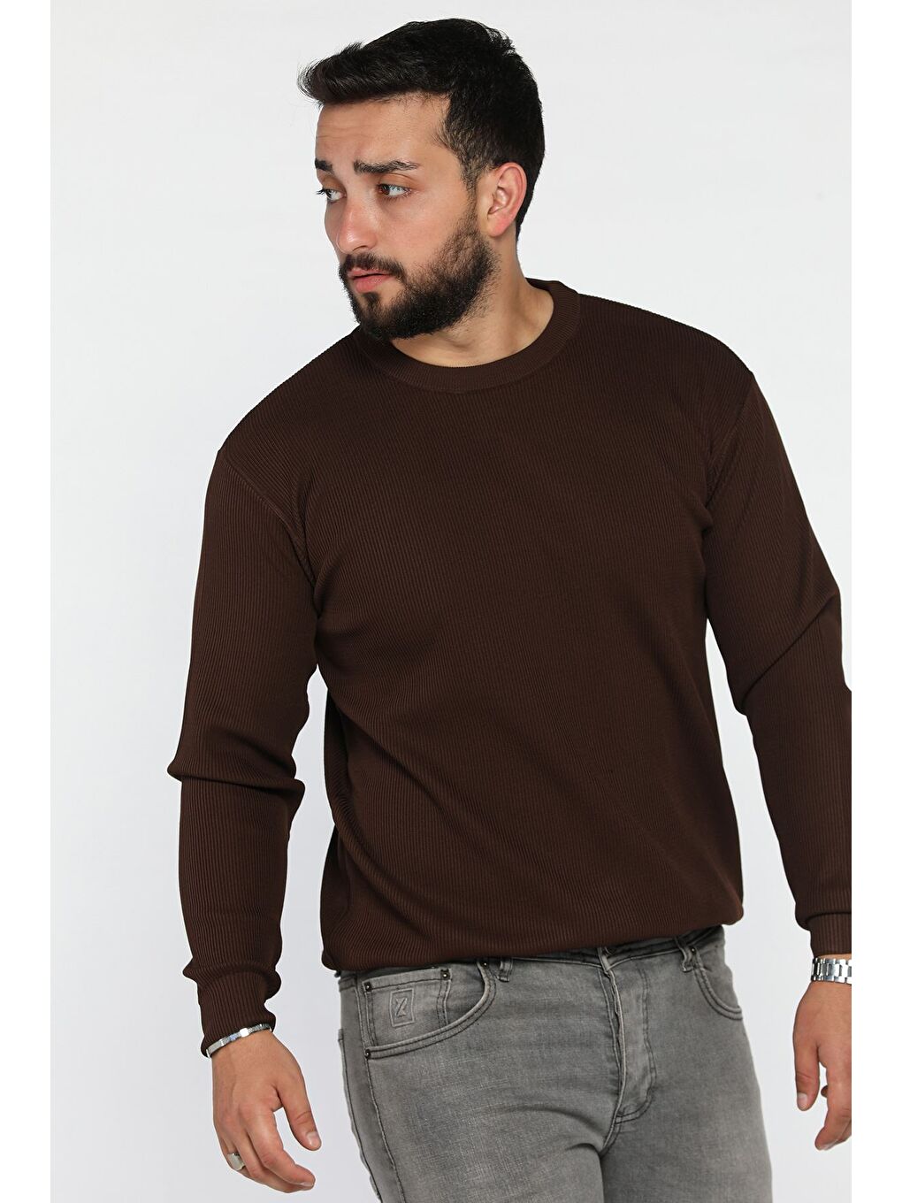 Kahverengi Bisiklet Yaka Desenli Erkek Triko Kazak-1