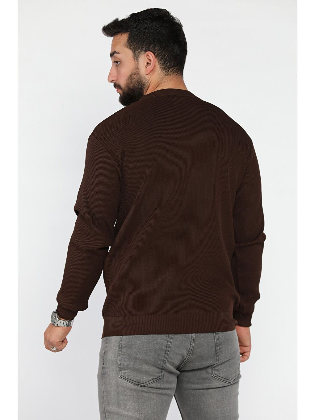 Kahverengi Bisiklet Yaka Desenli Erkek Triko Kazak-2