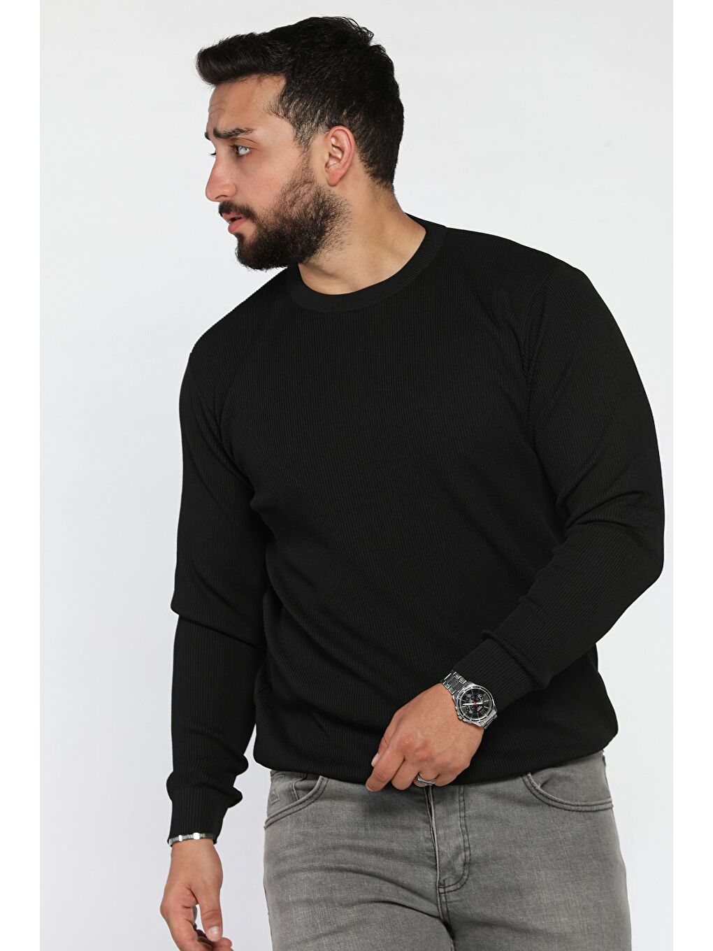 Siyah Bisiklet Yaka Desenli Erkek Triko Kazak-1