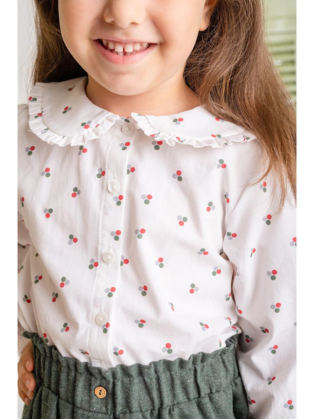 Kız Çocuk Bebe Yaka Desenli Gömlek - Ekru-3