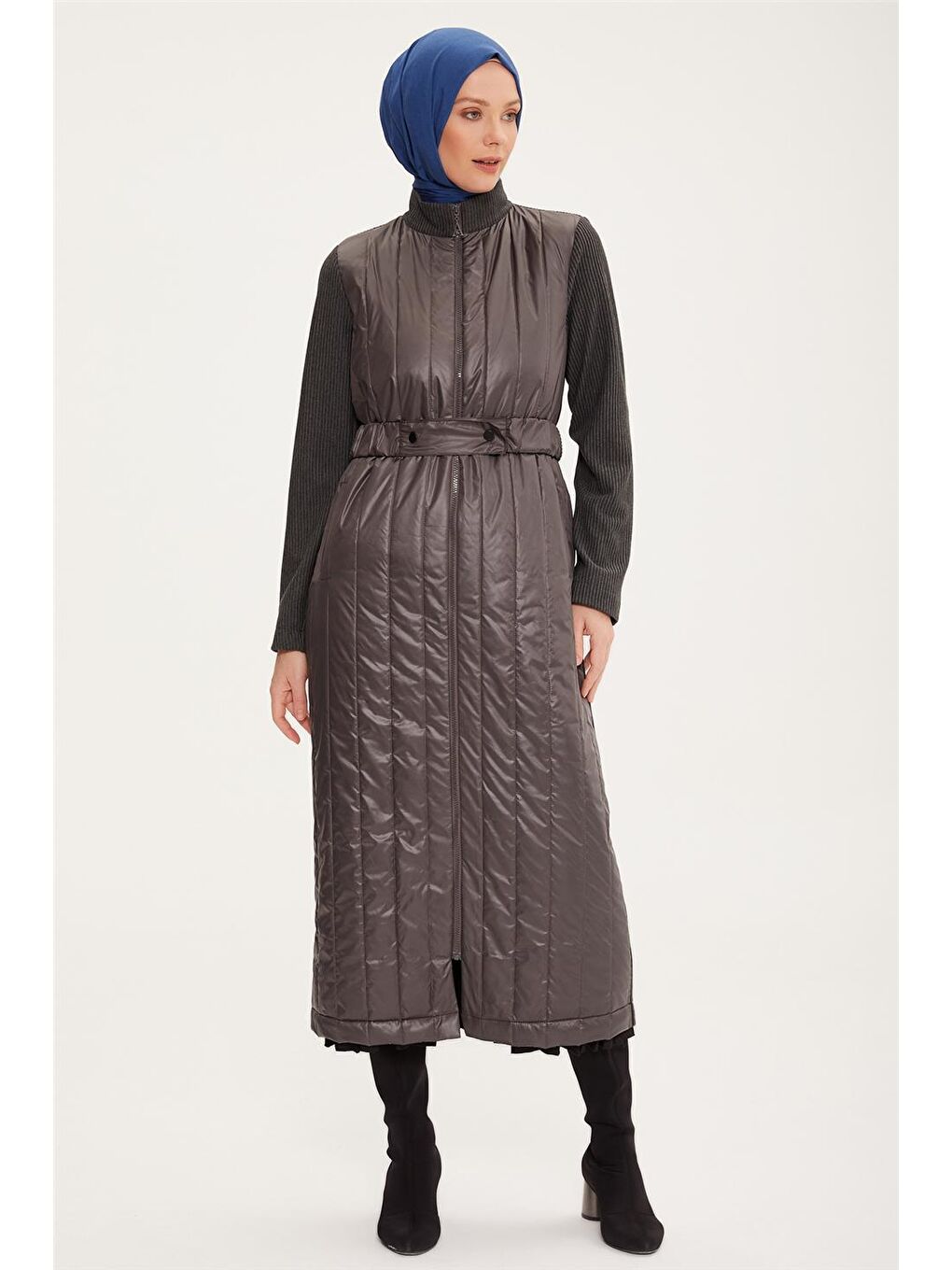 Antrasit Arkası Örme Detaylı Kapitone Manto 22K8111-1