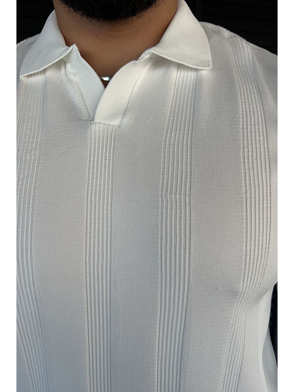 Beyaz Polo Yaka Desenli Erkek Triko Kazak-2